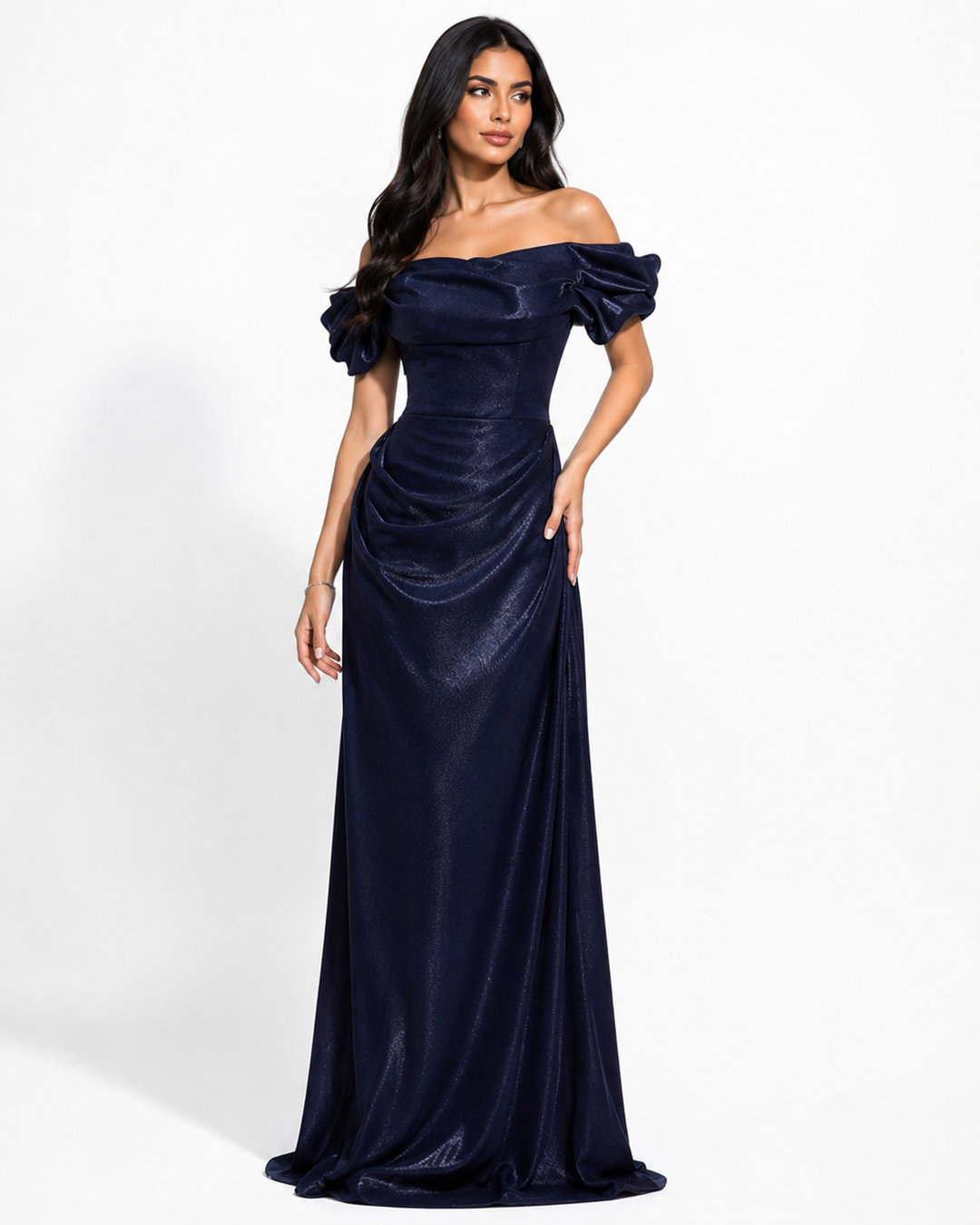 Off-Shoulder Satin Evening Gown - Midnight