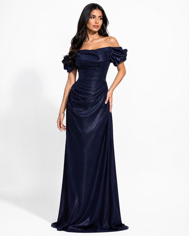 Off-Shoulder Satin Evening Gown - Midnight