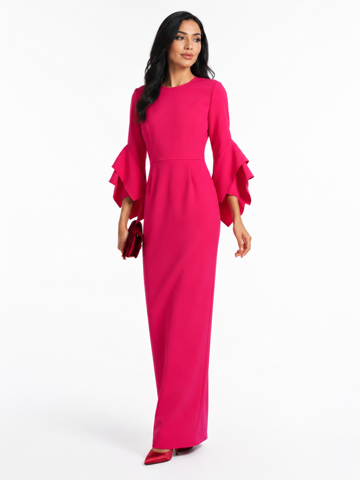 Ruffled-Sleeve Column Gown - Fuchsia