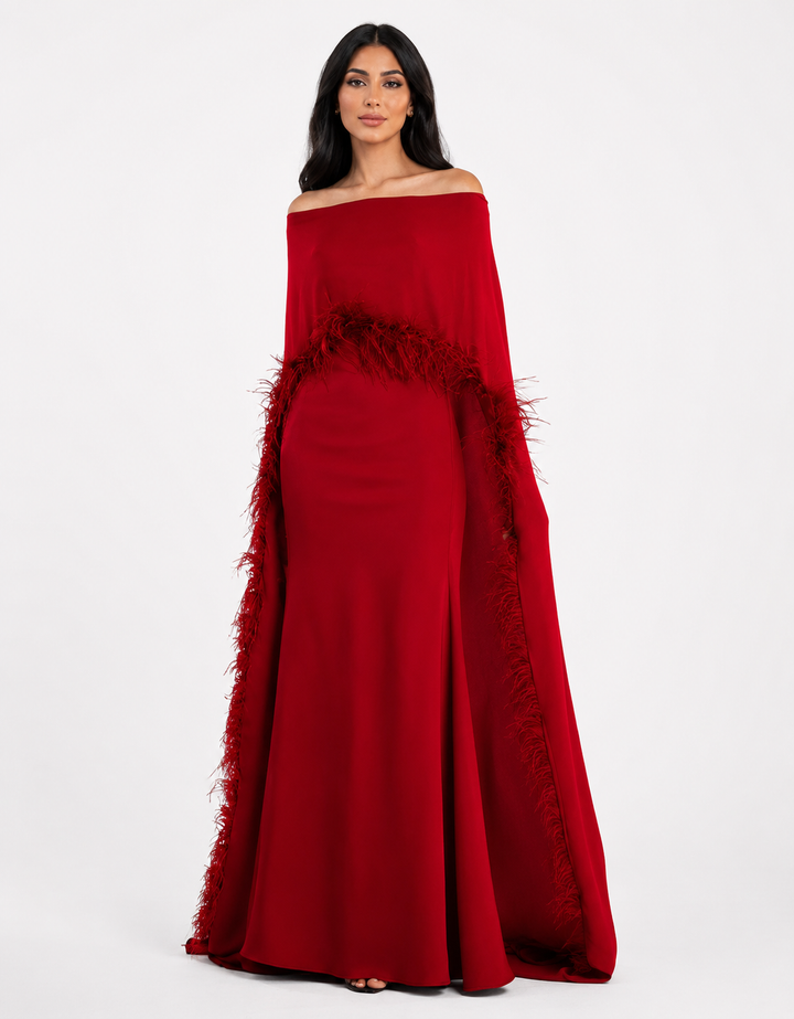 Feather-Trimmed Cape Gown - Crimson