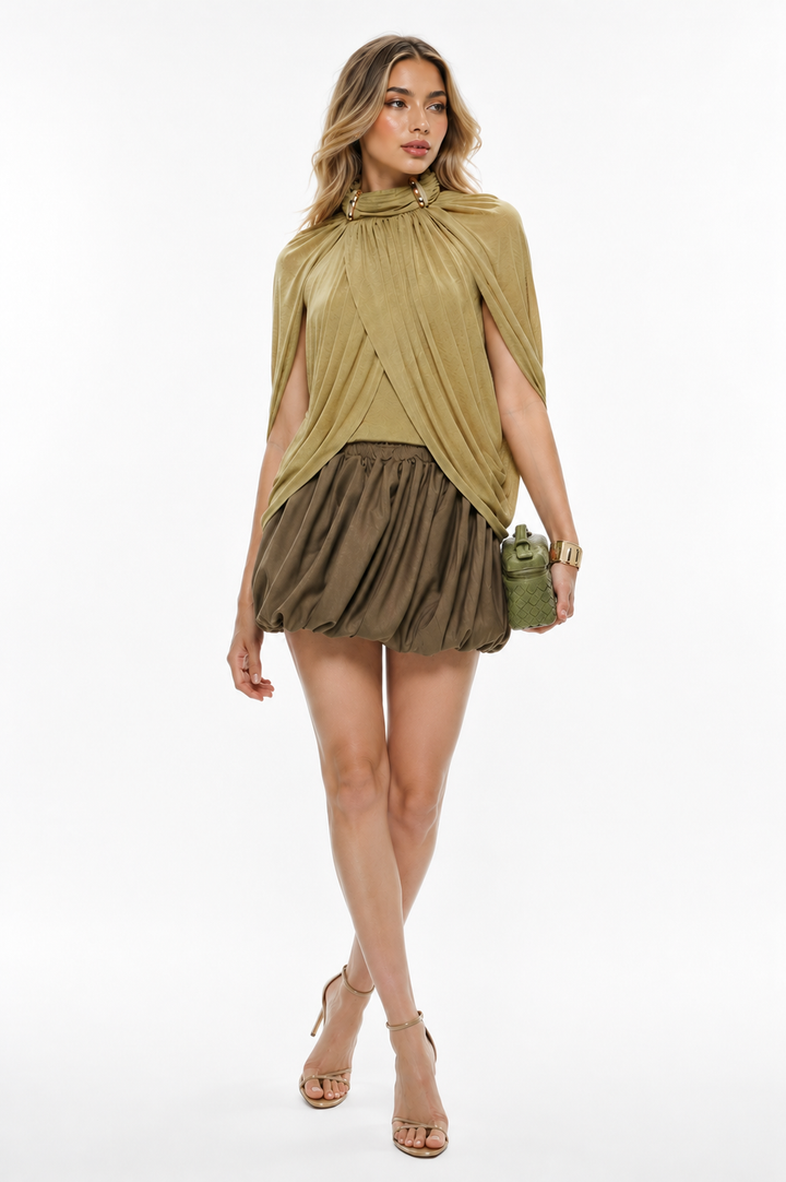 Draped High-Neck Bubble Mini Dress - Aura