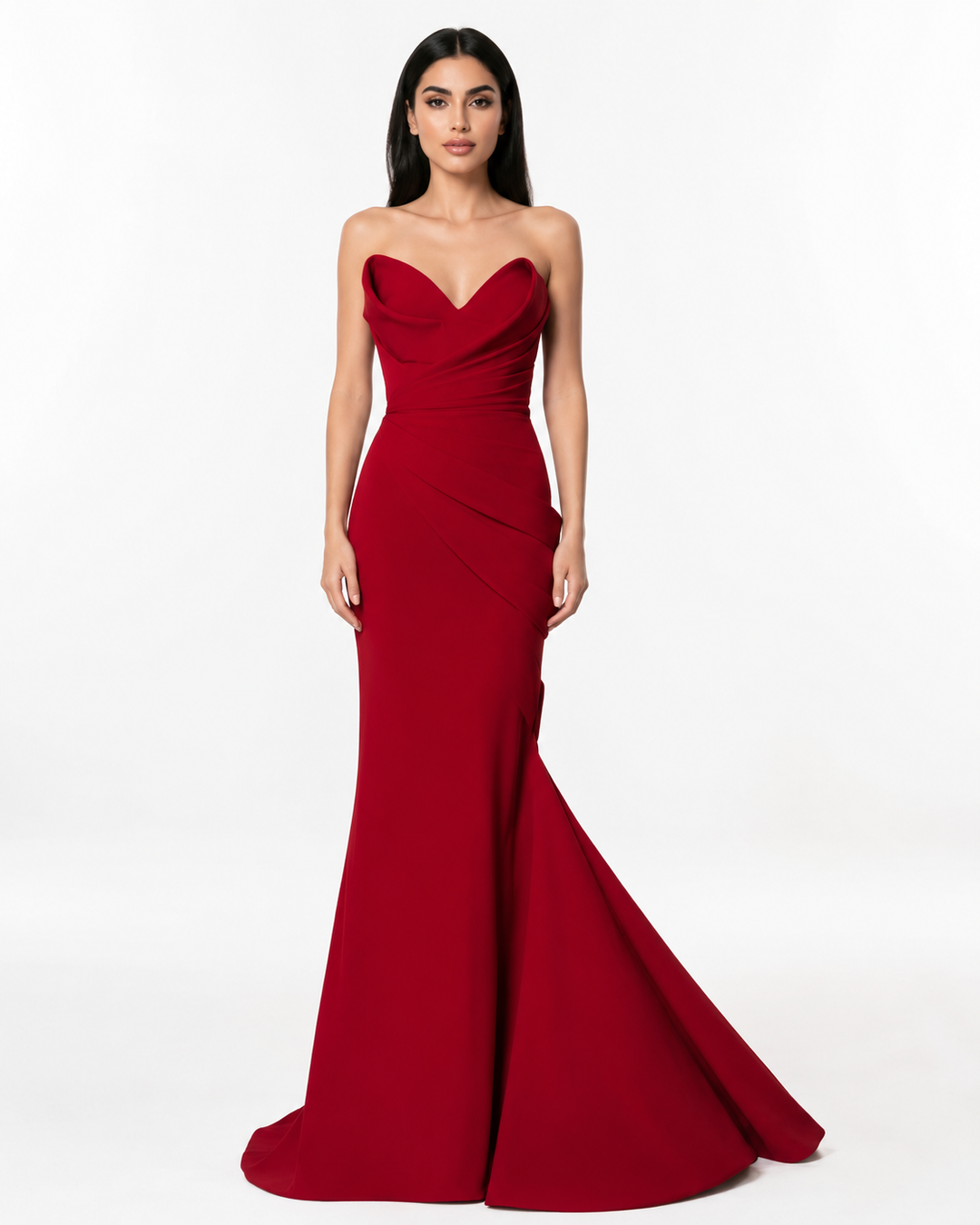 Strapless Draped Mermaid Gown - Crimson