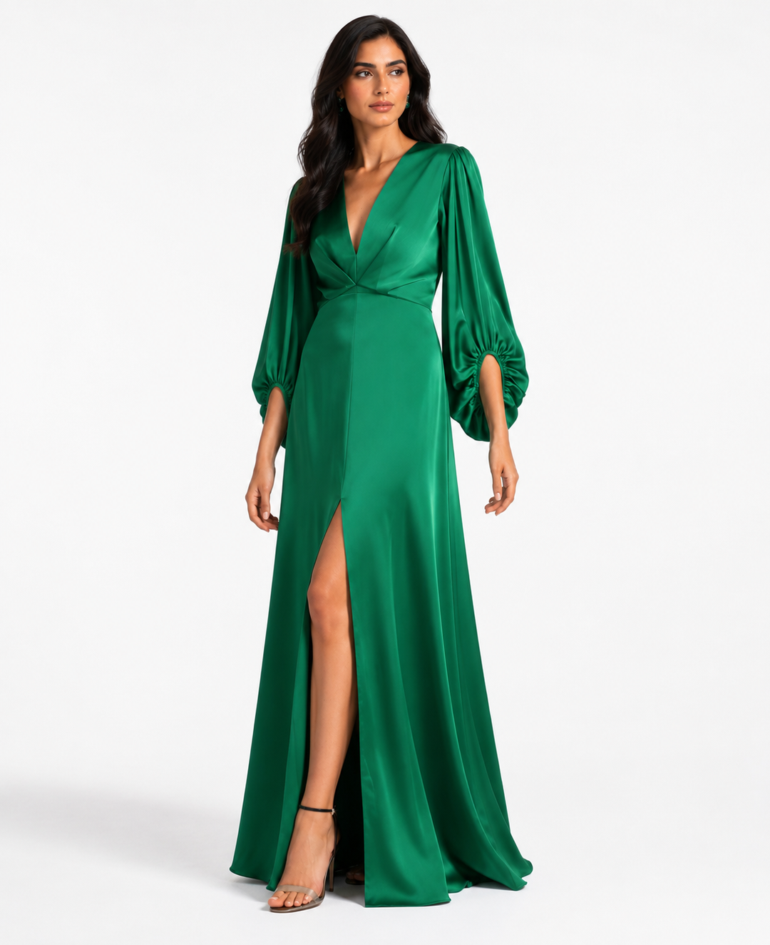 Ruched Sleeve Satin Gown - Emerald