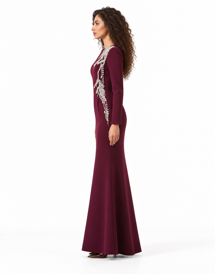 Burgundy Crystal Embellished Maxi Dress - Aurora