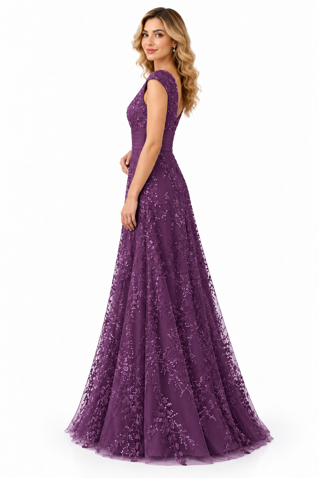 Embellished V-Neck Lace Evening Gown - Etherea