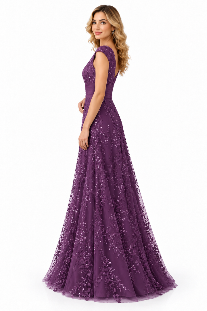 Embellished V-Neck Lace Evening Gown - Etherea