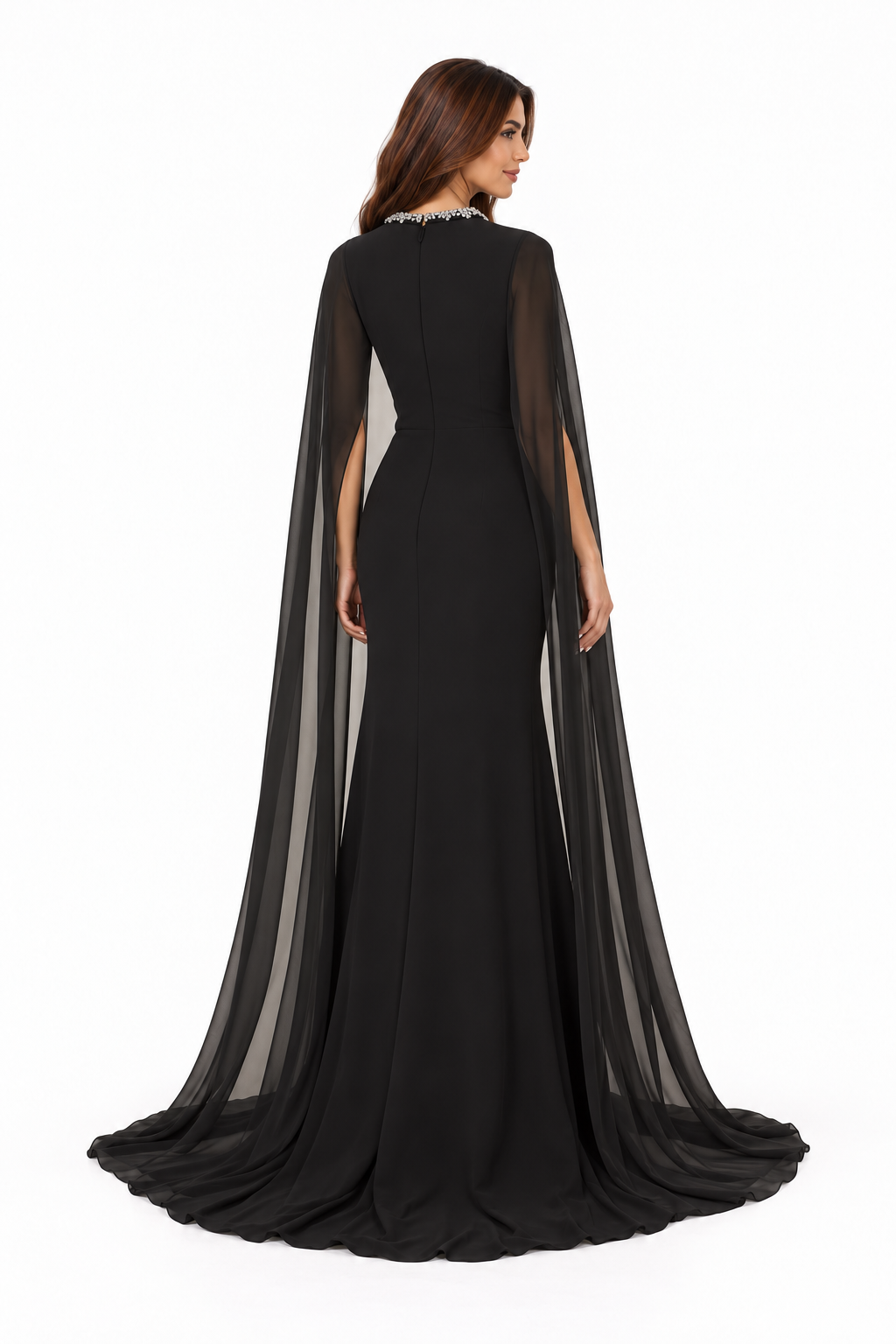 Crystal Neckline Cape Sleeve Evening Gown - Majesty