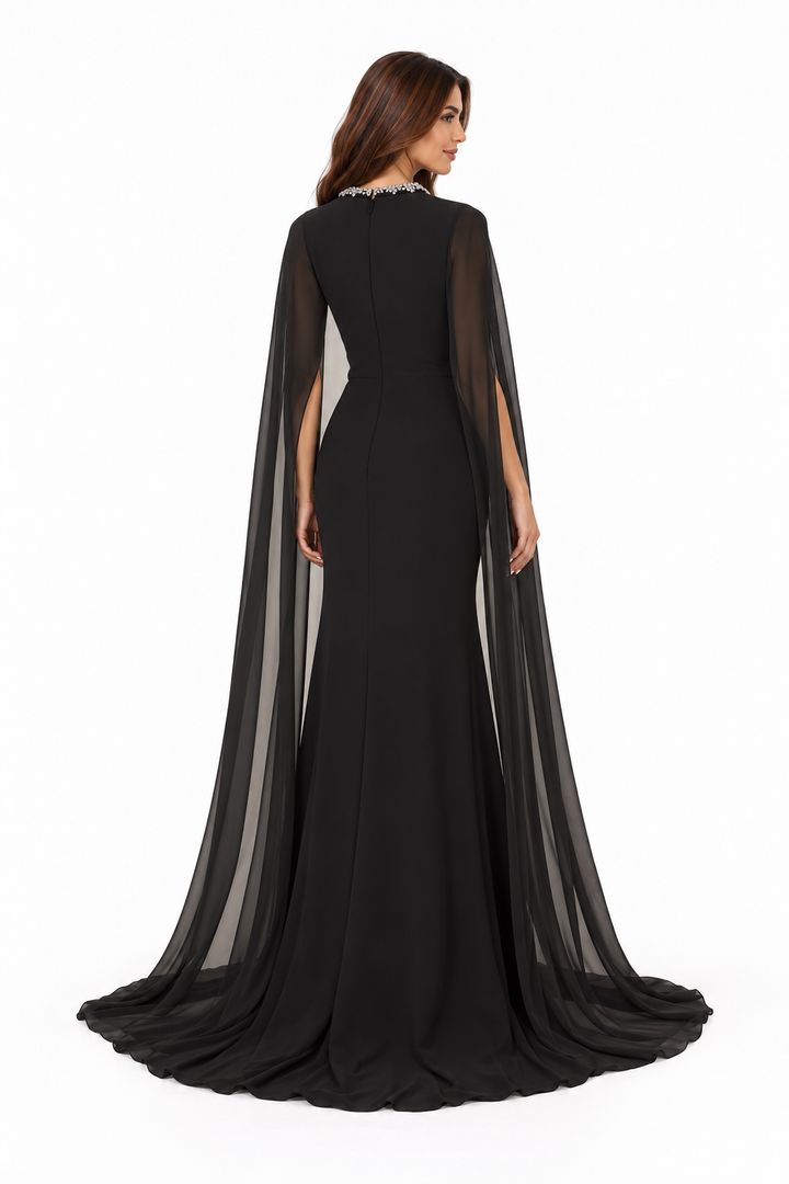 Crystal Neckline Cape Sleeve Evening Gown - Majesty