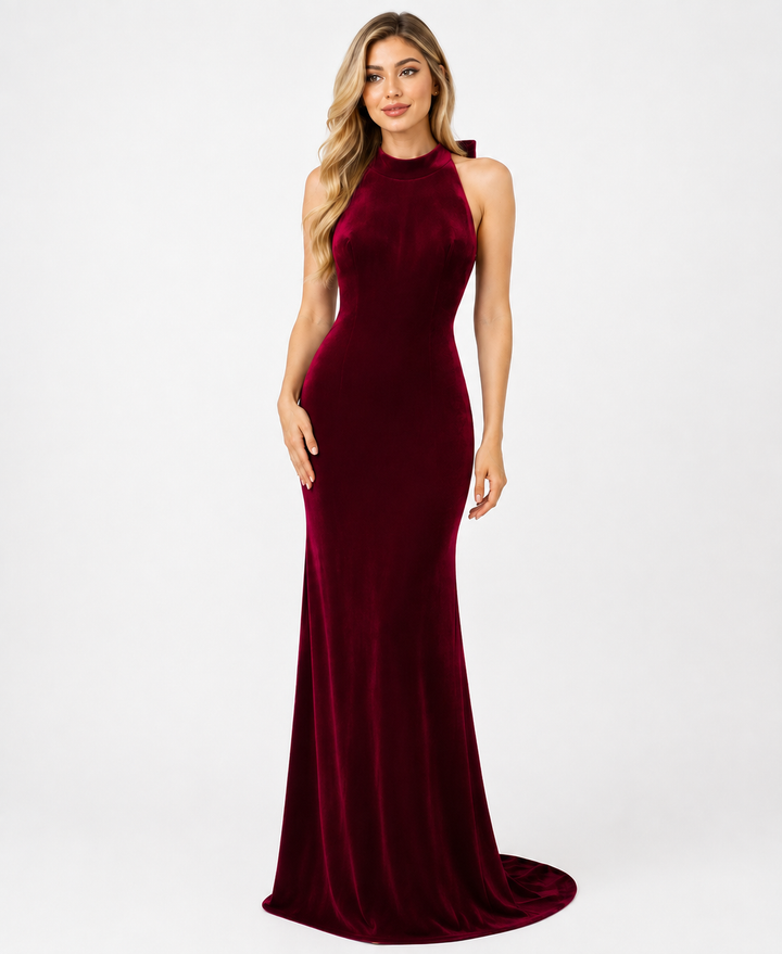 Burgundy Velvet Halter Gown – Merlot