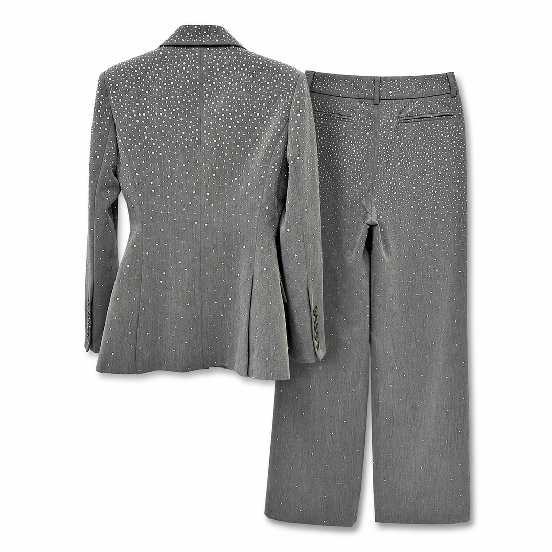 Rhinestone Tailored Blazer & Wide-Leg Pants Set - Silver