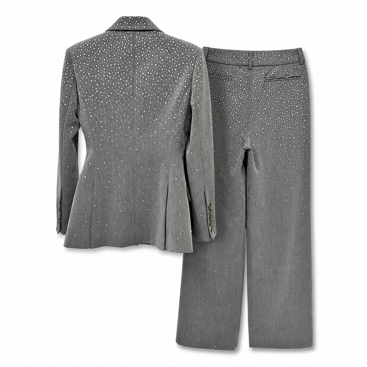 Rhinestone Tailored Blazer & Wide-Leg Pants Set - Silver