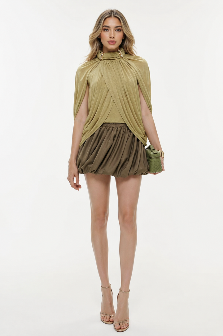 Draped High-Neck Bubble Mini Dress - Aura