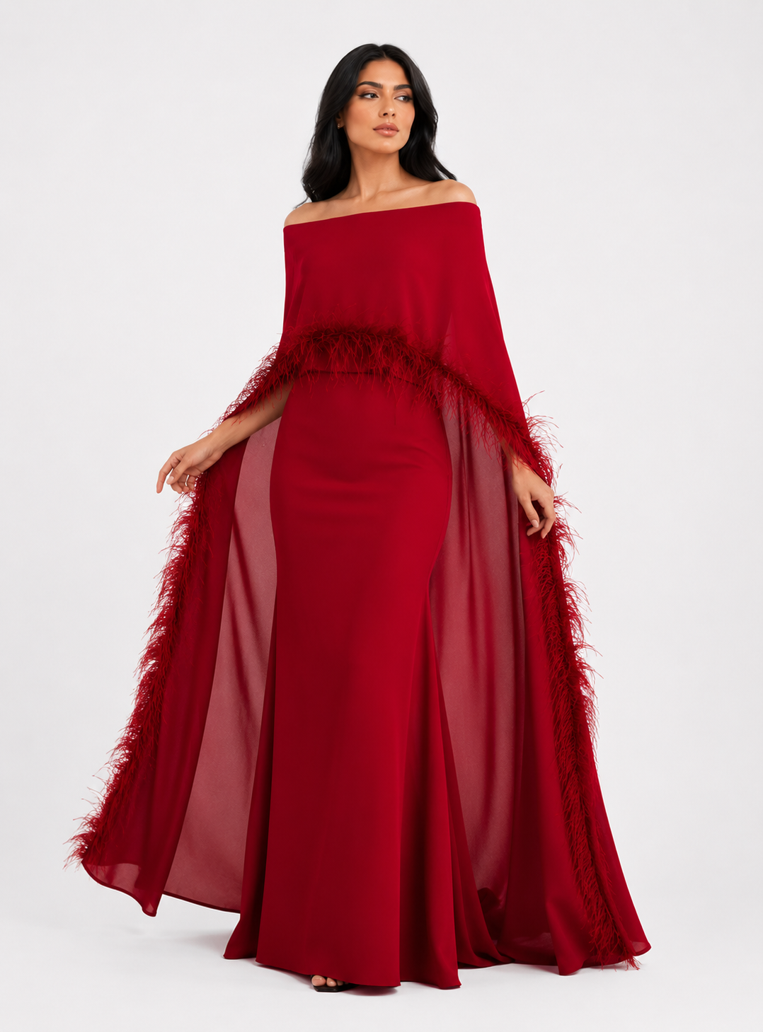 Feather-Trimmed Cape Gown - Crimson