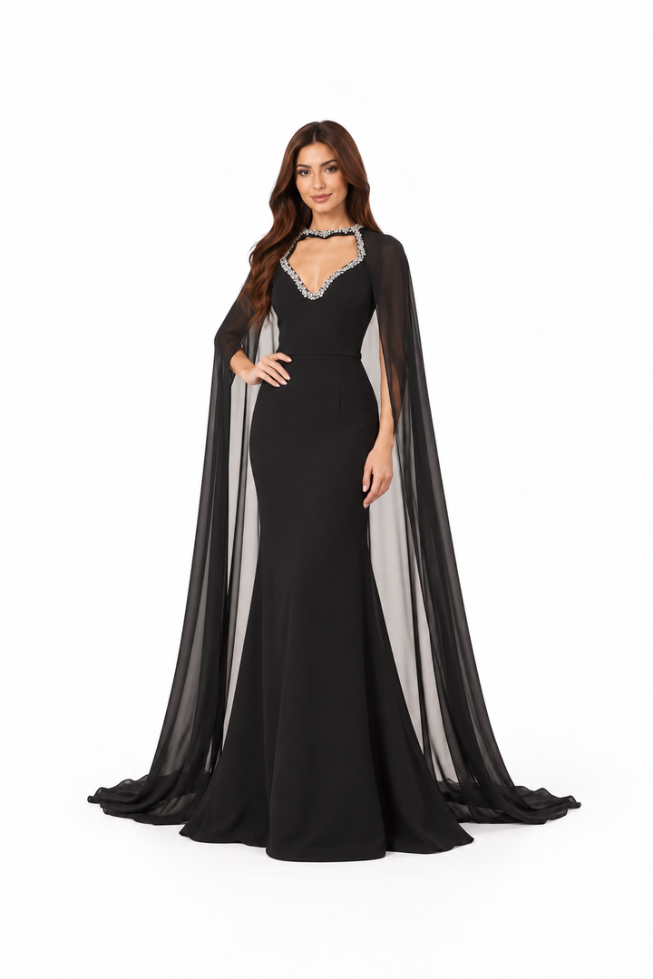 Crystal Neckline Cape Sleeve Evening Gown - Majesty