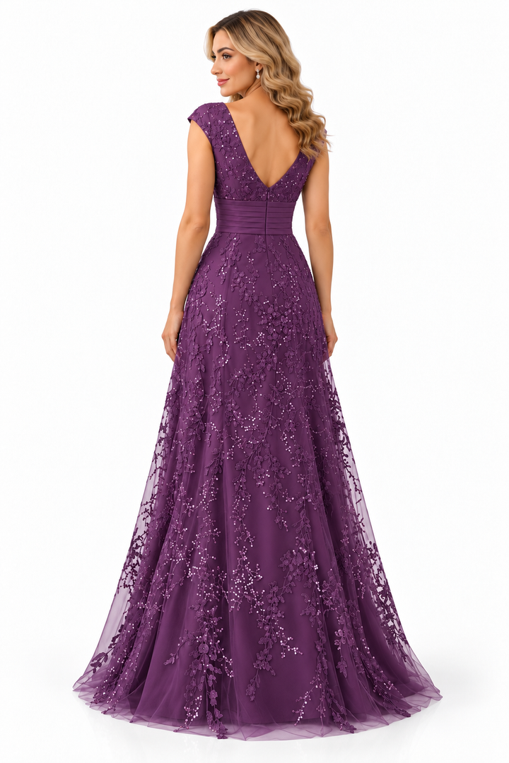 Embellished V-Neck Lace Evening Gown - Etherea