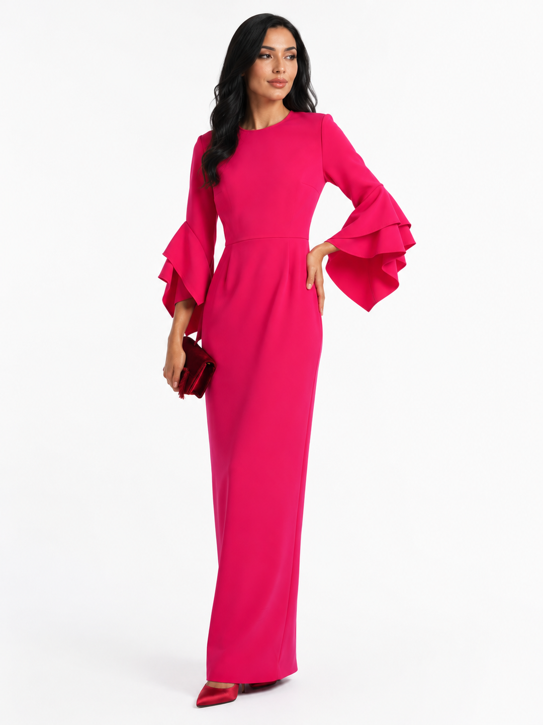 Ruffled-Sleeve Column Gown - Fuchsia