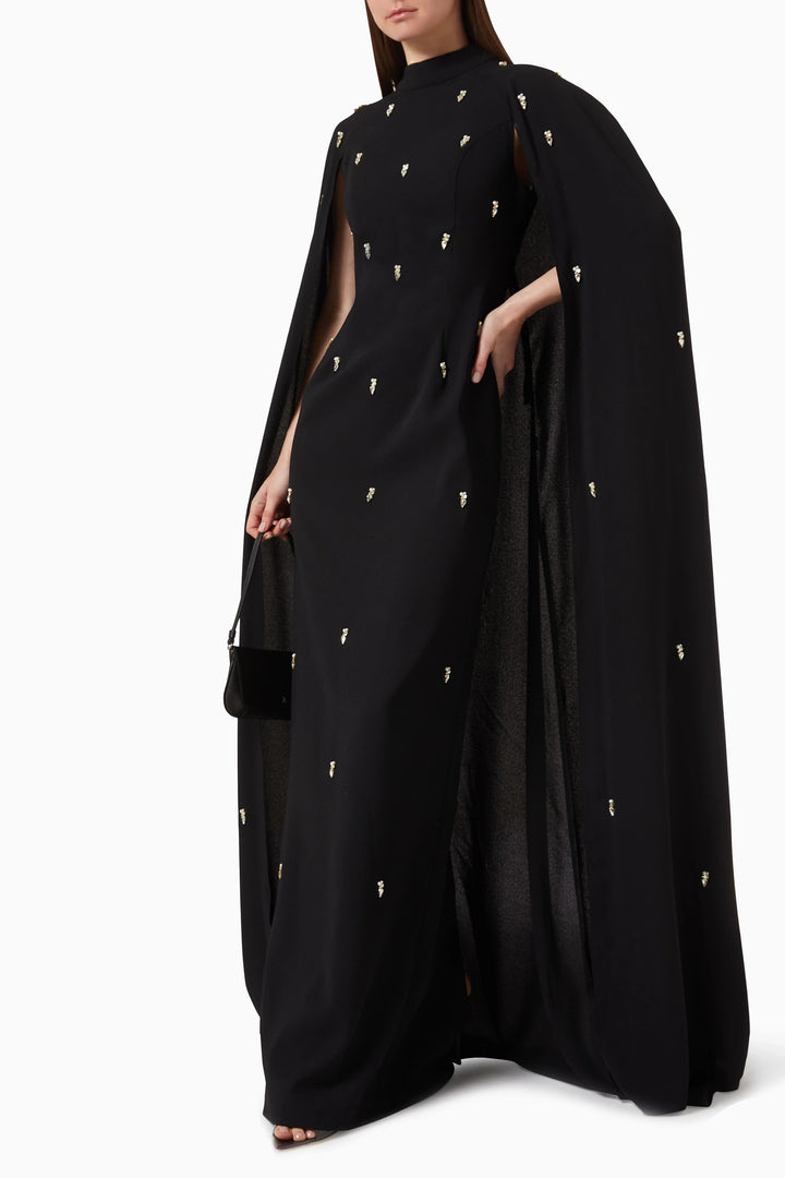 embellished cape gown with crystal accents – THRIIYE