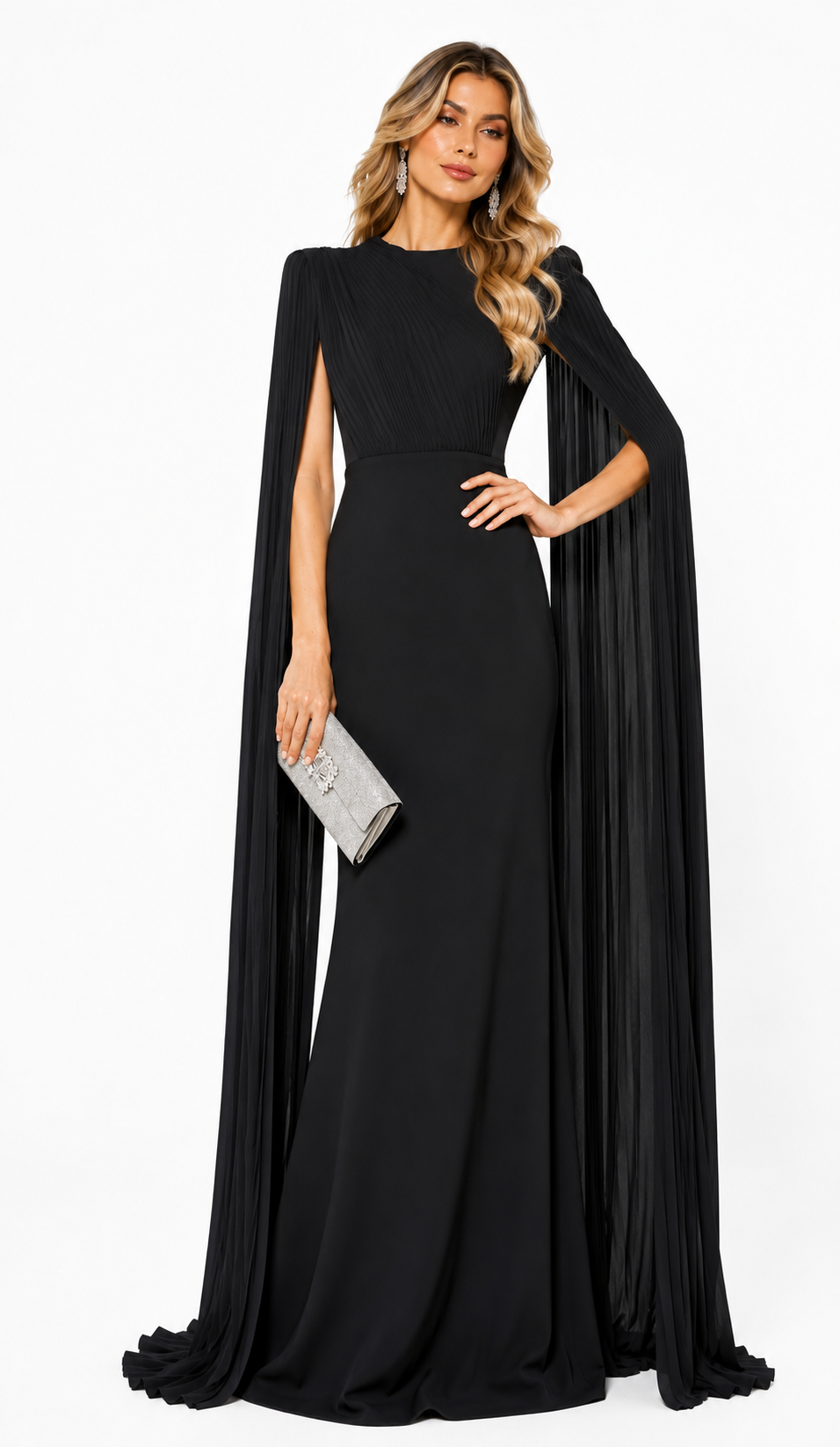 Pleated Cape Sleeve Evening Gown - Grace