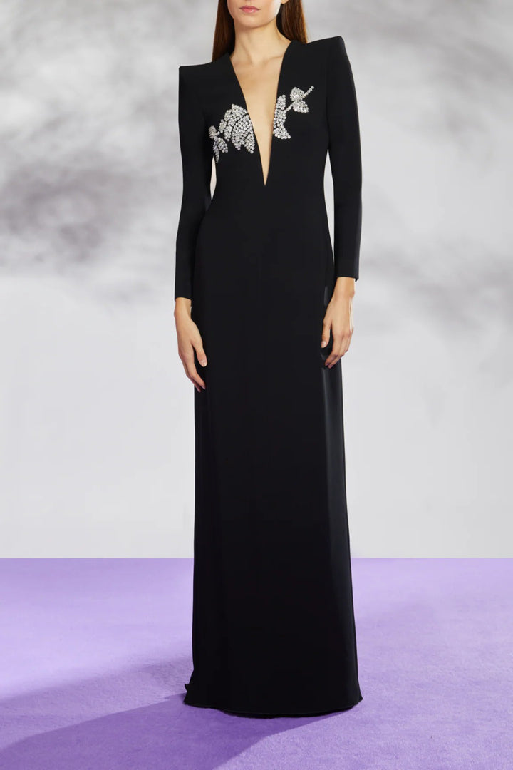 deep-V gown with crystal floral embellishment – FARID