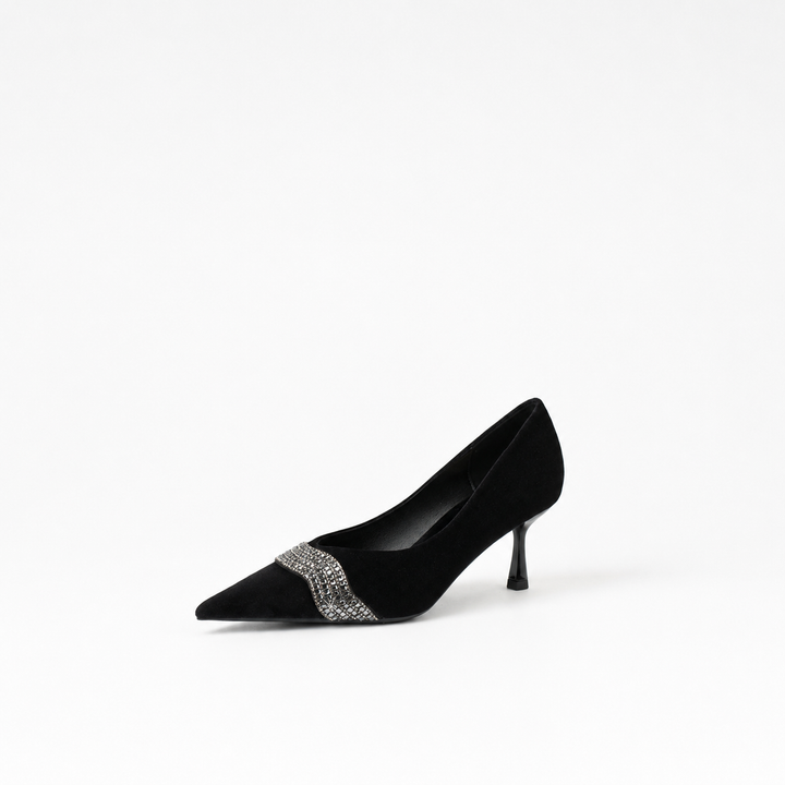 Velvet Rhinestone Pointed Pumps - Blush