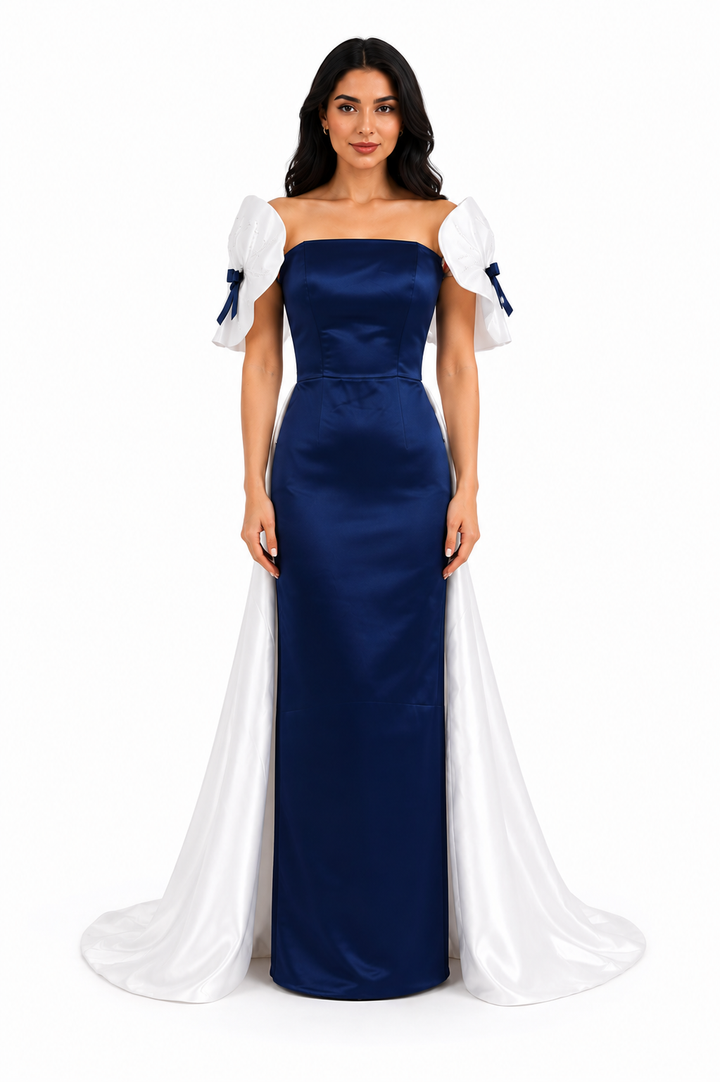 Strapless satin gown with voluminous sleeves and overskirt – AUROMA