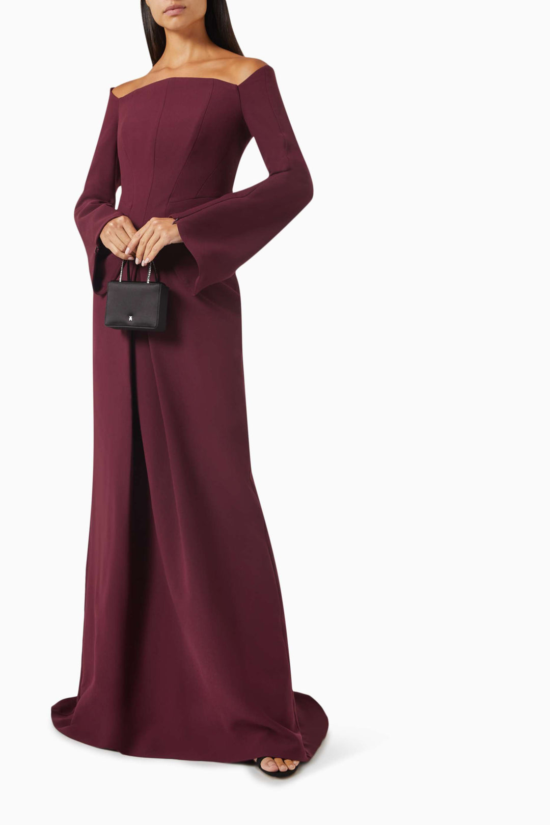 off-shoulder gown with flared sleeves – MERLOT