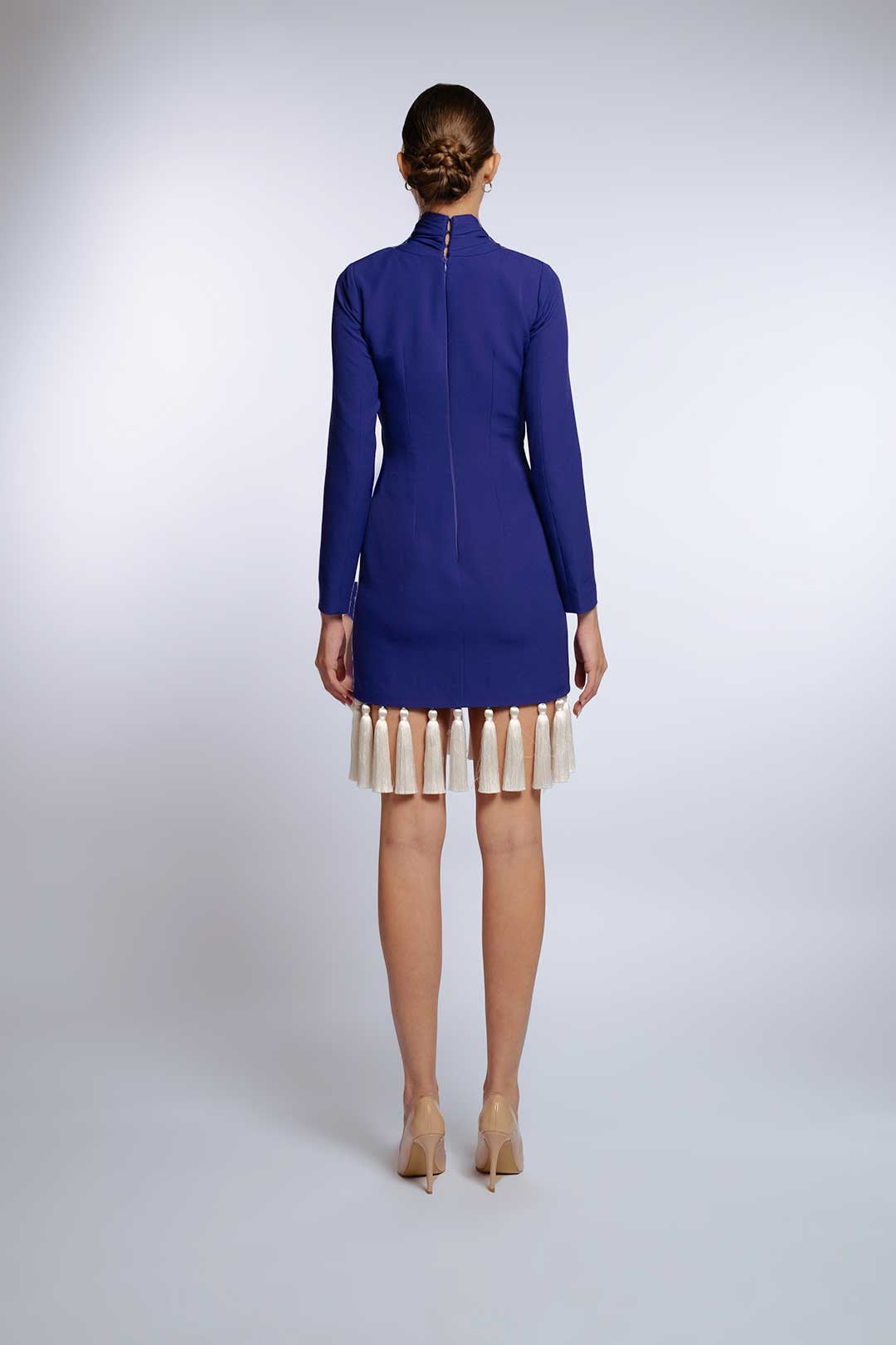 High-neck long sleeve mini dress with tassel hem – ROYAL