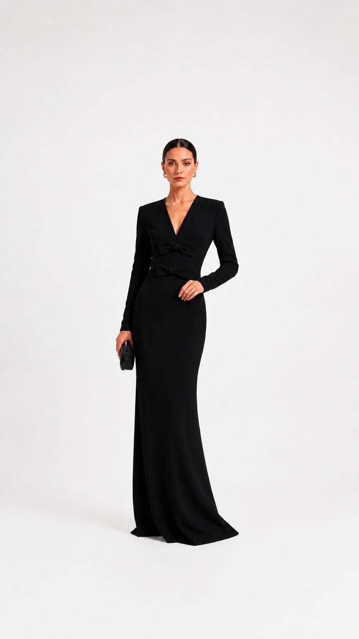 Black Bow-Detail Long Sleeve Gown – NOCTURNE