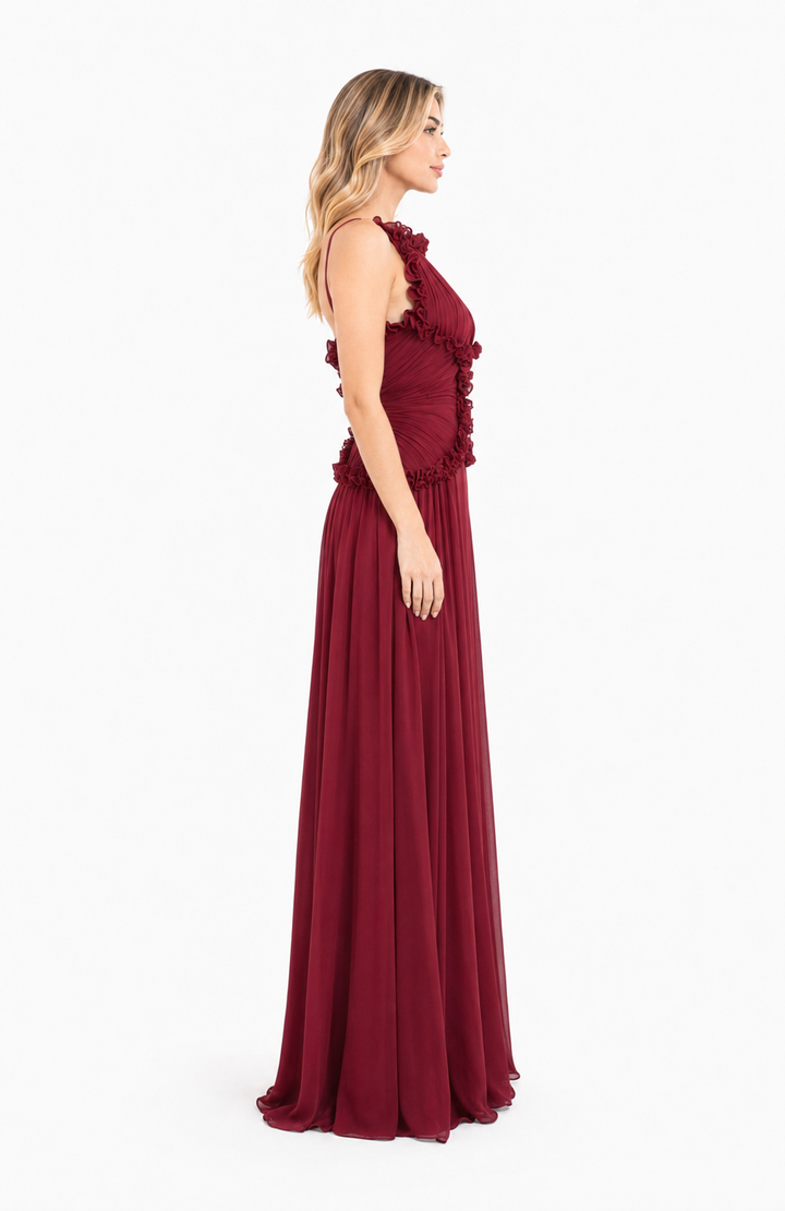 Ruffle Ruched Halter Maxi Dress – RUBESSA