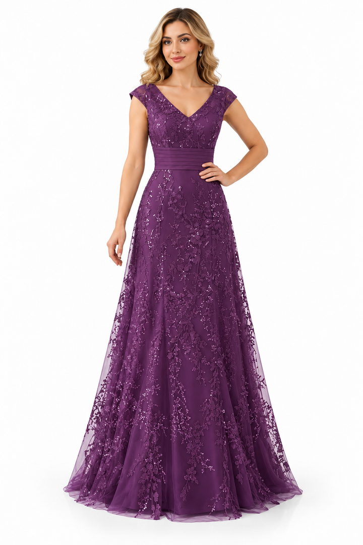 Embellished V-Neck Lace Evening Gown - Etherea