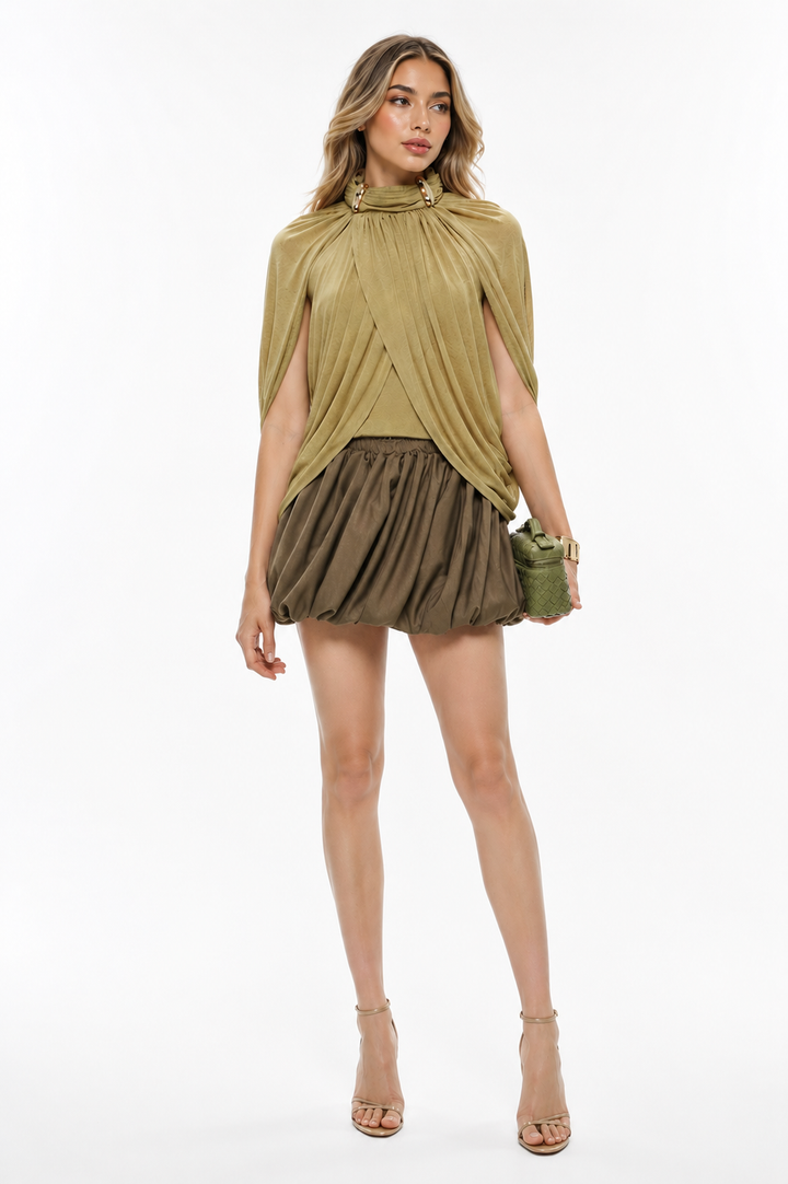 Draped High-Neck Bubble Mini Dress - Aura