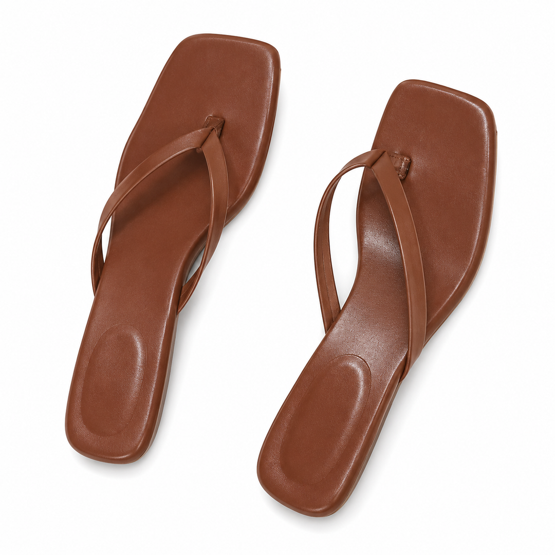 Sleek Square-Toe Kitten Heel Sandals - Mocha
