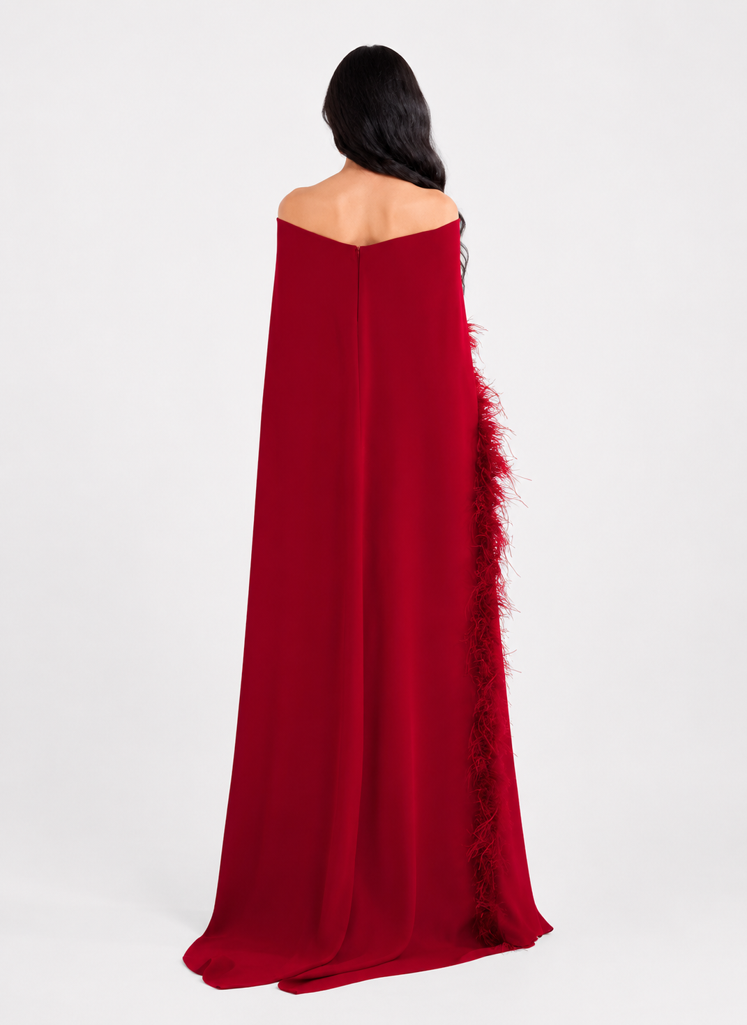 Feather-Trimmed Cape Gown - Crimson