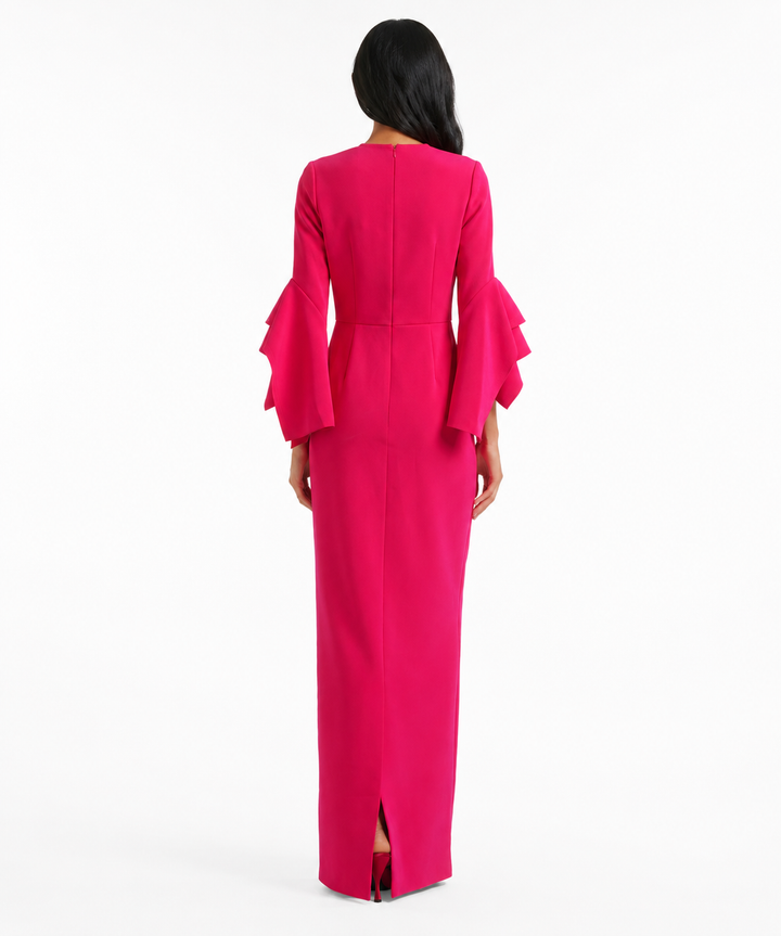 Ruffled-Sleeve Column Gown - Fuchsia