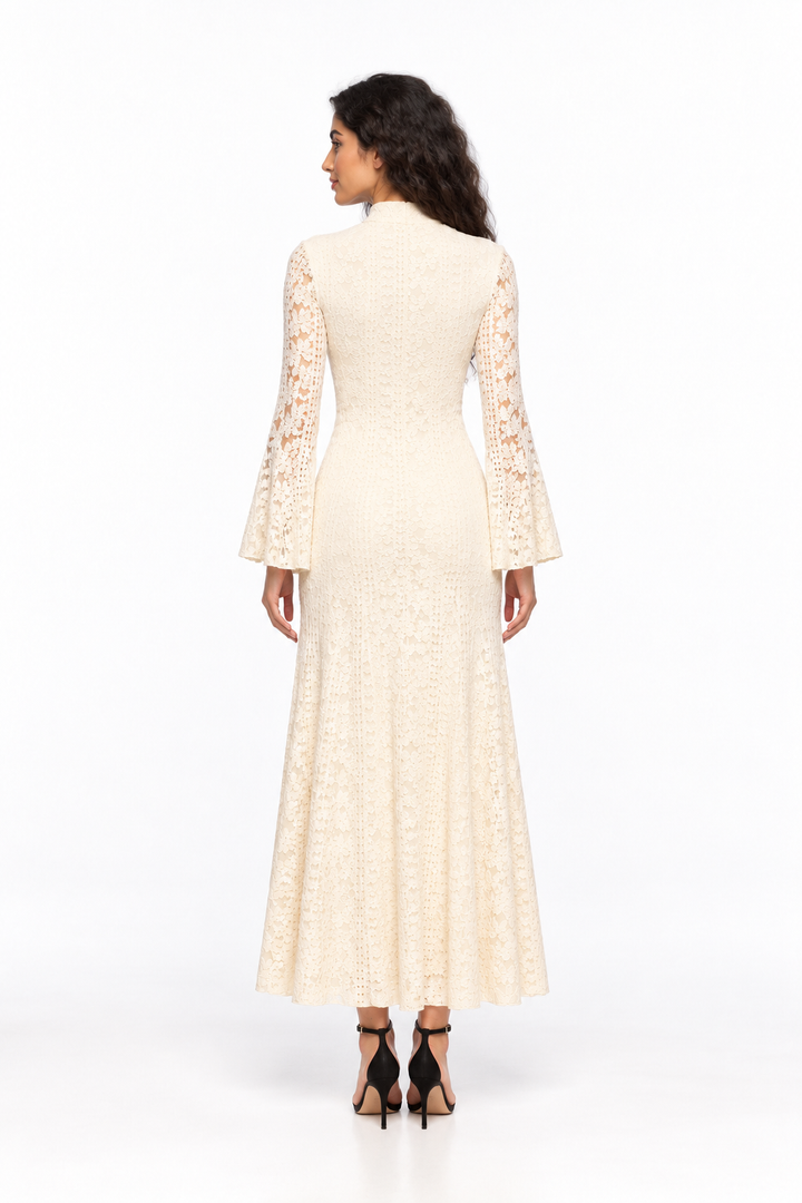 High-Neck Lace Bell Sleeve Midi Dress - Ivorelle