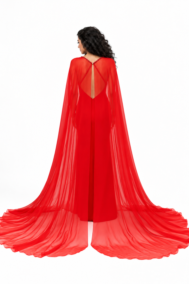 Crystal Strap Cape Evening Gown - Flare