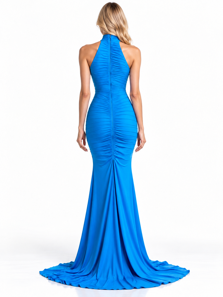 Electric Blue Halter Neck Ruched Mermaid Maxi Dress - Marina