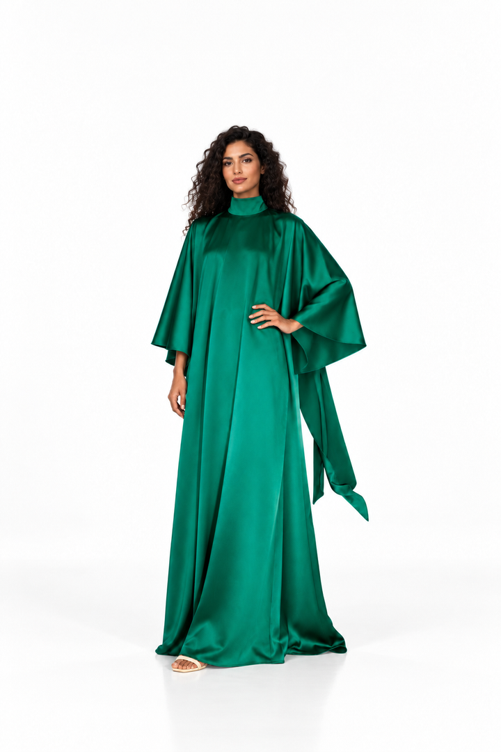 High-Neck Satin Cape Evening Gown - Elysia