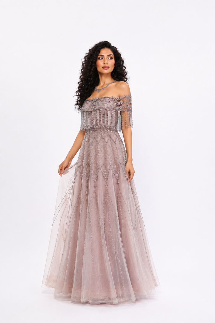 Crystal Fringe Off-Shoulder Gown – LUMERA