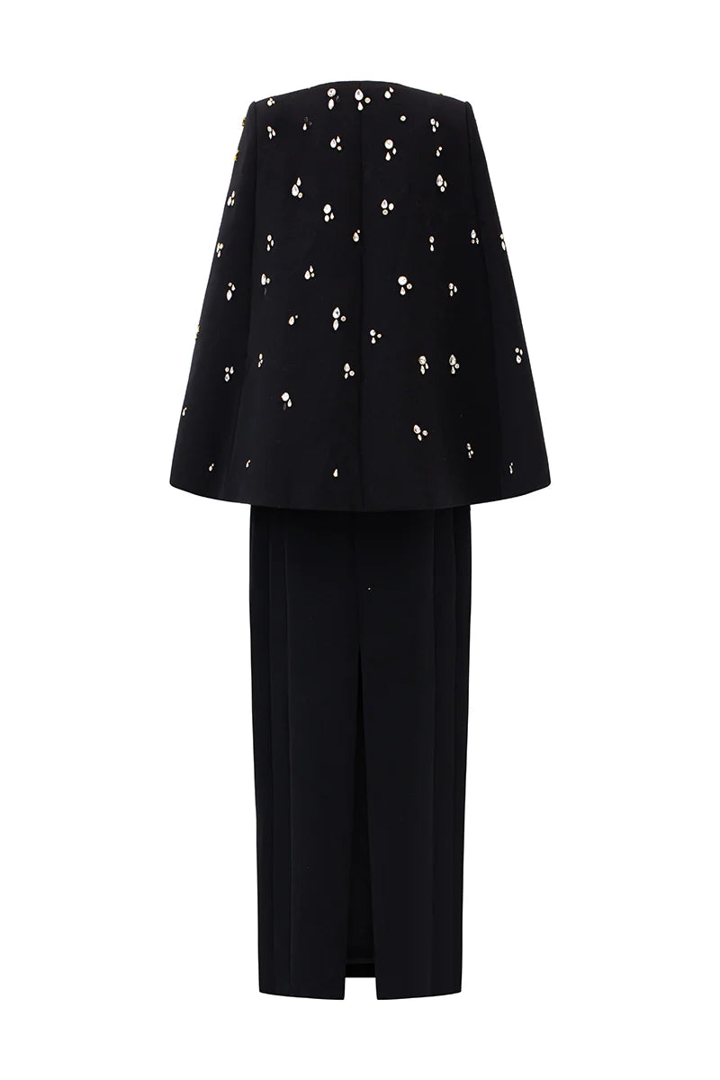 embellished cape jacket with matching column dress – NOIRE