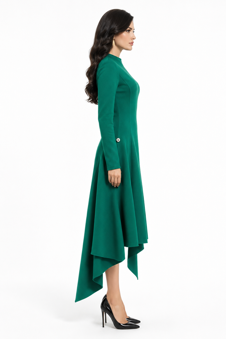 long-sleeve asymmetrical gown with draped back panel – EMERALDA