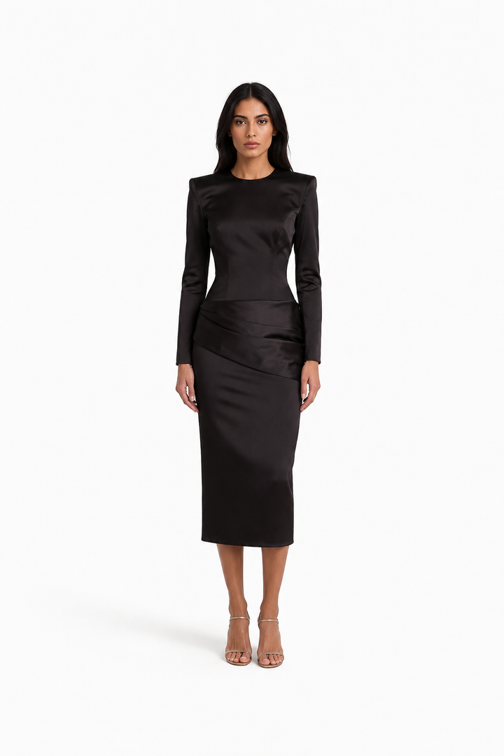 Chocolate Satin Waist Midi Dress – AURELIA