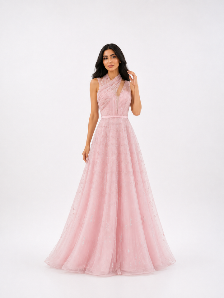 Embellished Halter Tulle Gown – ROSÉ