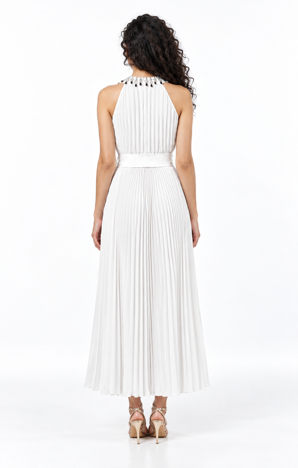 Embellished Halter Pleated Midi Dress - Solenne