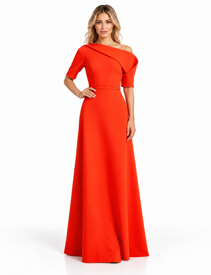 Vibrant Orange Asymmetric Off-Shoulder Maxi Dress - Aurora