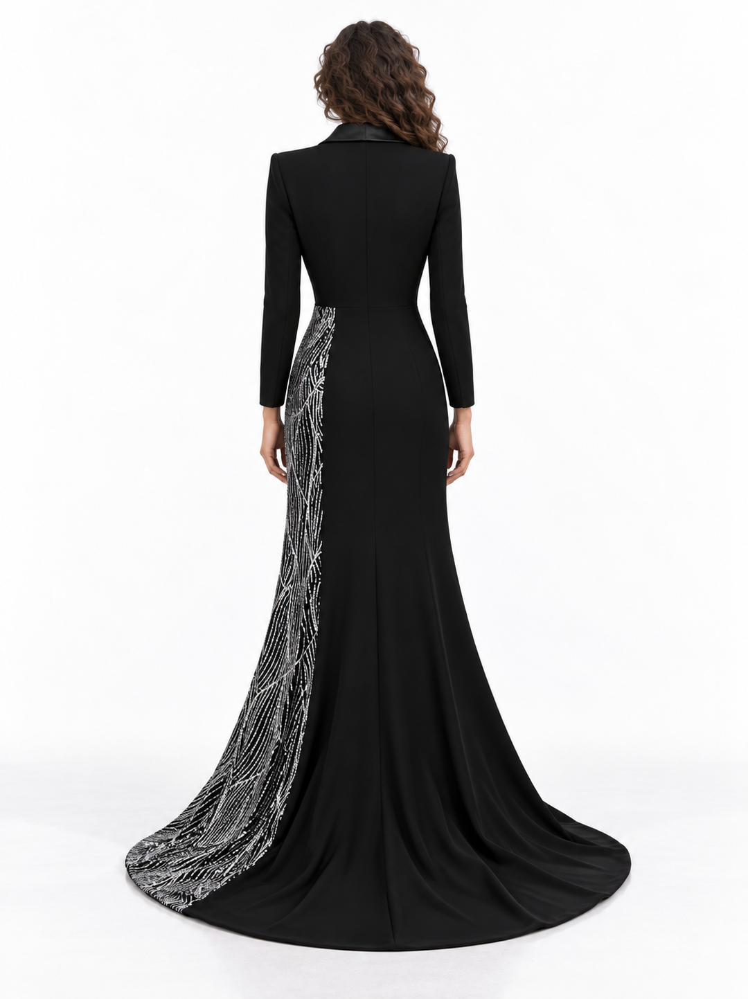 Black Silver Sequin Draped Blazer Maxi Dress - Valentina