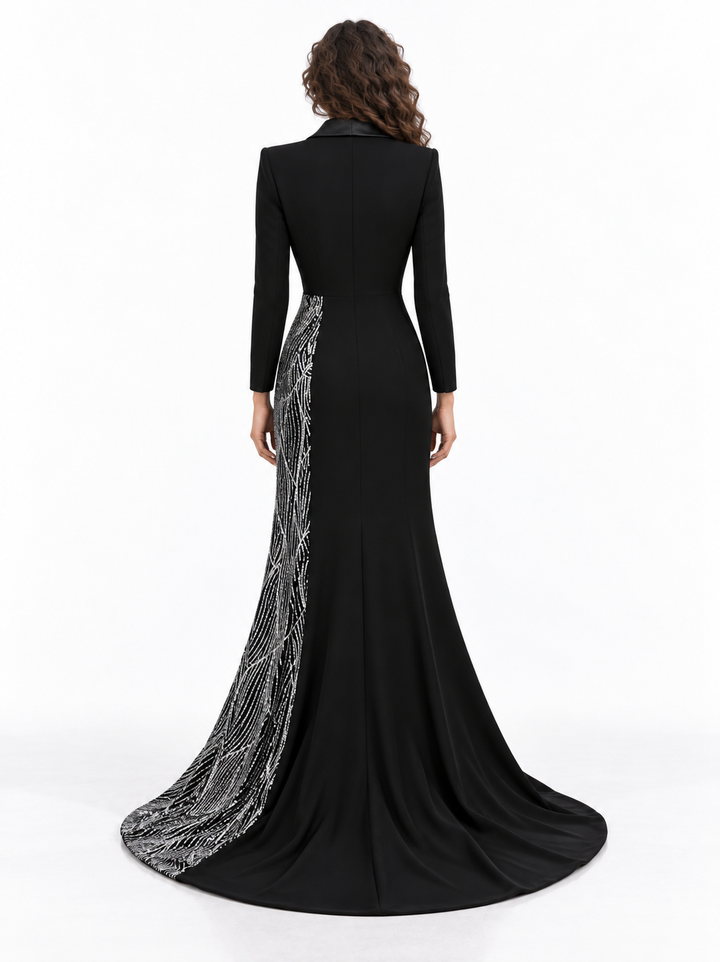 Black Silver Sequin Draped Blazer Maxi Dress - Valentina