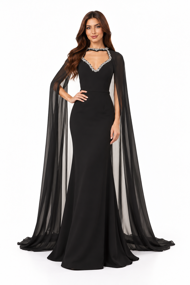 Crystal Neckline Cape Sleeve Evening Gown - Majesty