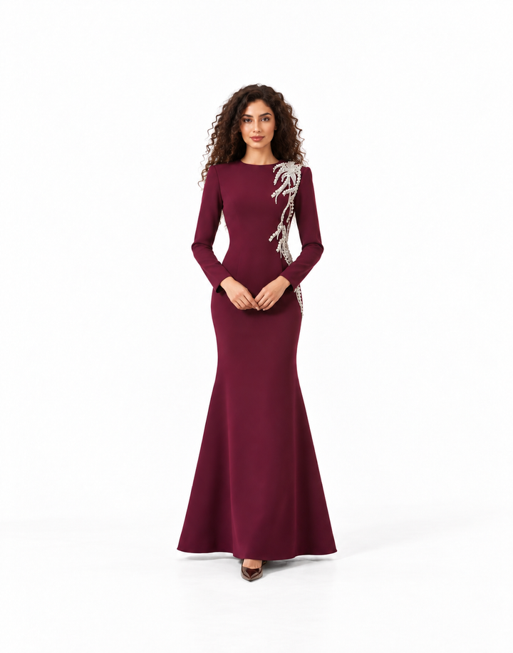 Burgundy Crystal Embellished Maxi Dress - Aurora