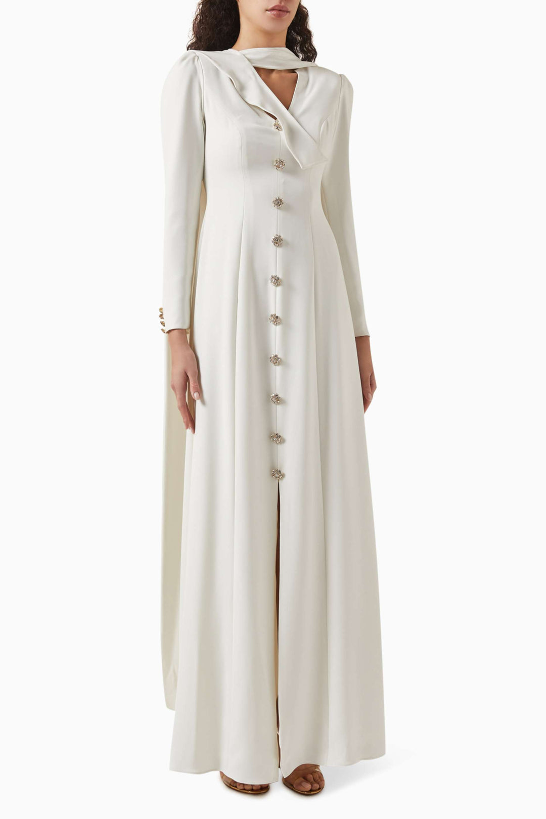 draped neckline gown with jeweled buttons – IVORY